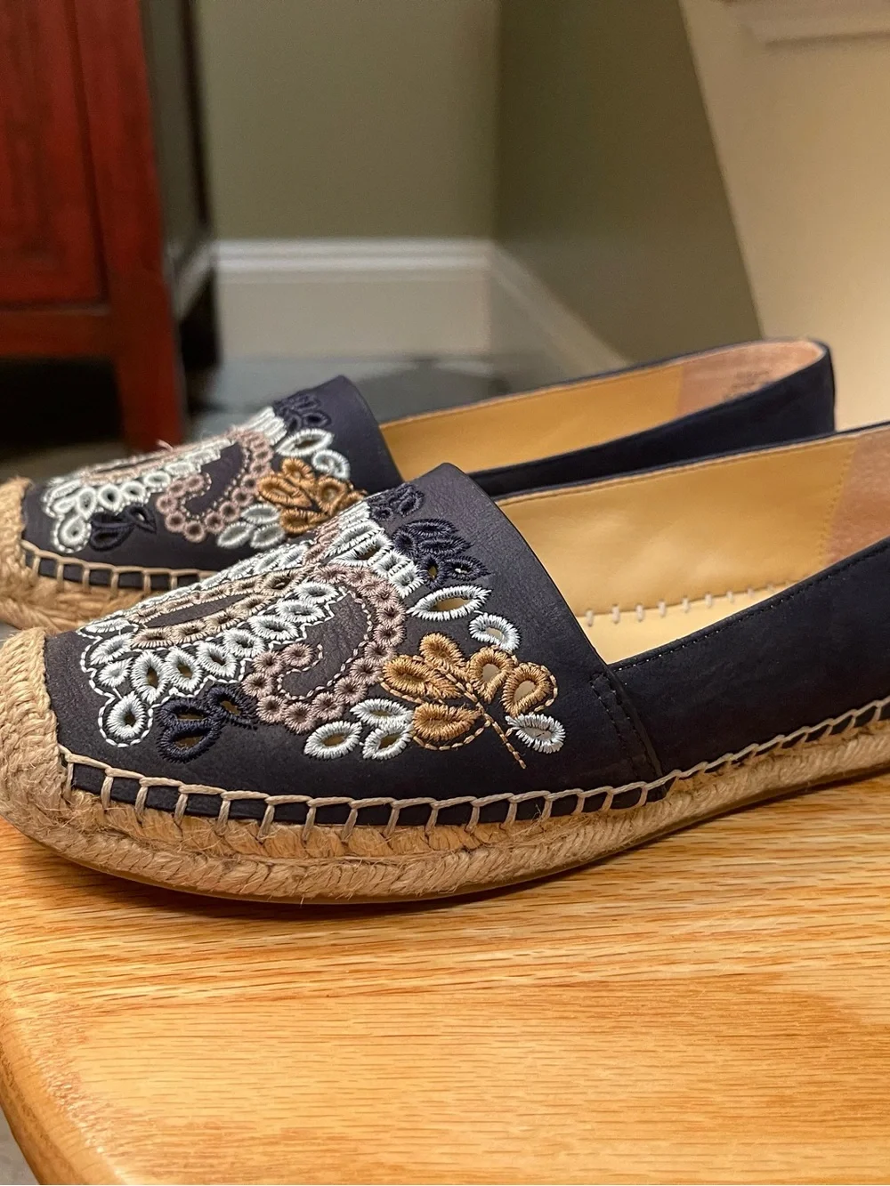 Ivanka Trump Embroidered Navy Espadrille Flats with Lt Blue & Neutral Stitching